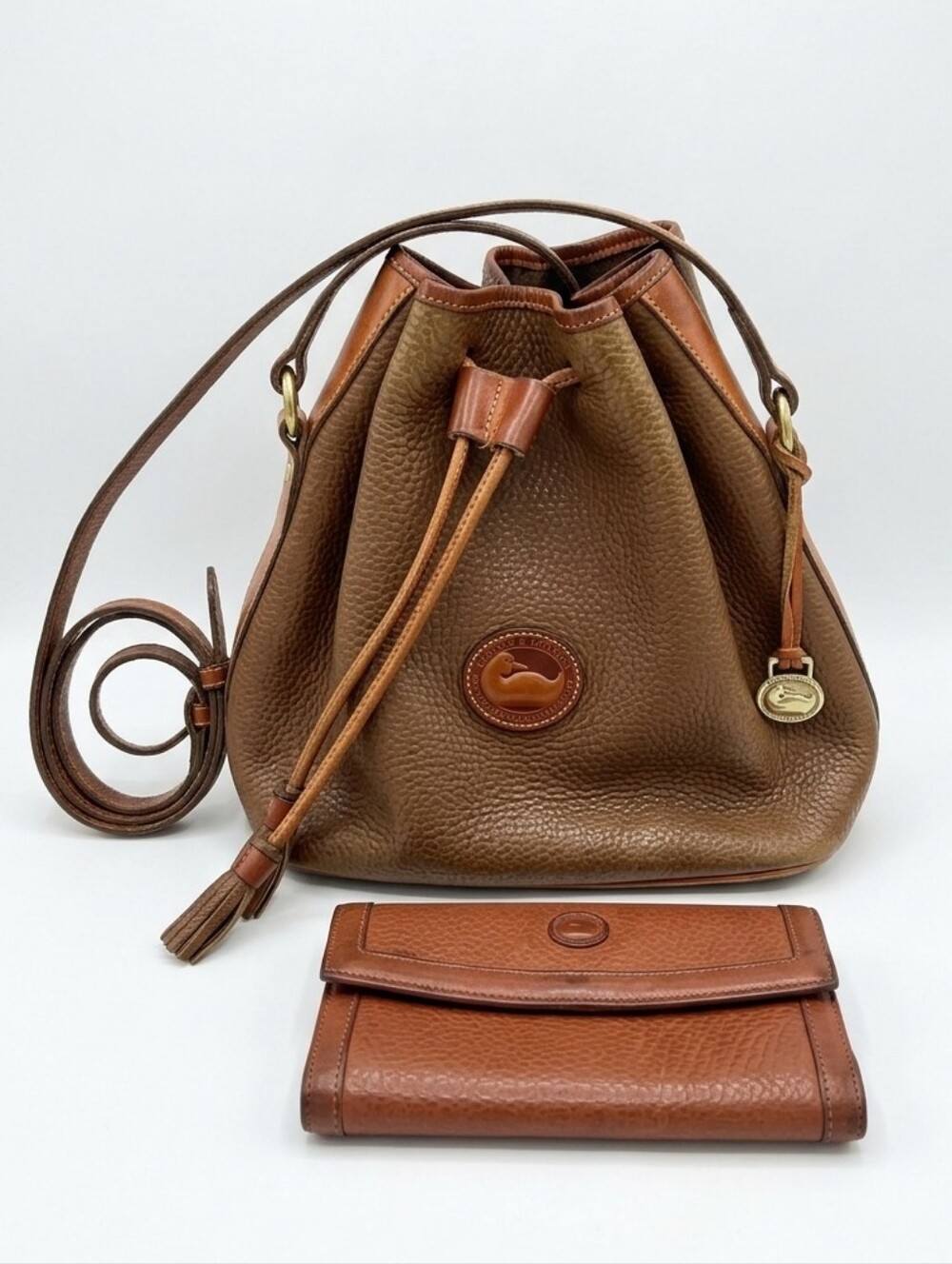 Vintage Dooney & Bourke Pebble Leather Drawstring Bucket Shoulder Bag + Wallet